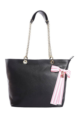 Black Leather Tote Bag with Chain Straps