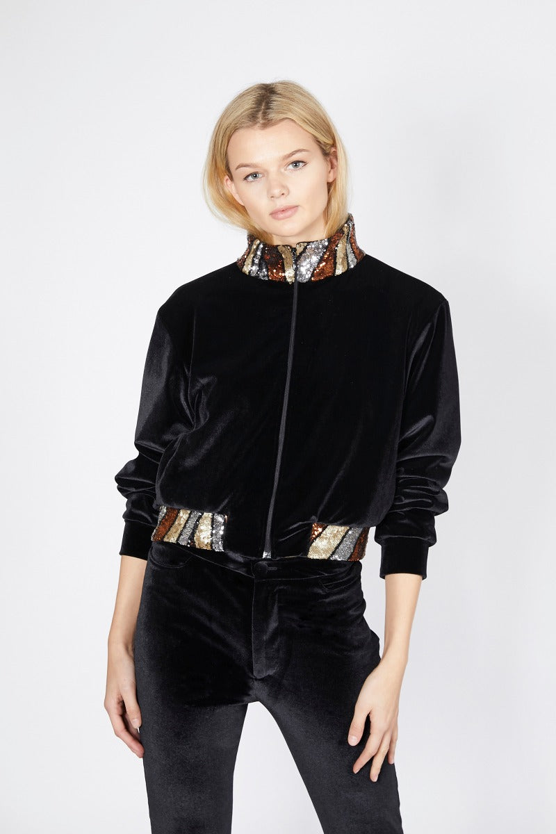 Ilona Rich Black Velvet Gold Sequin Detail Crop Jacket