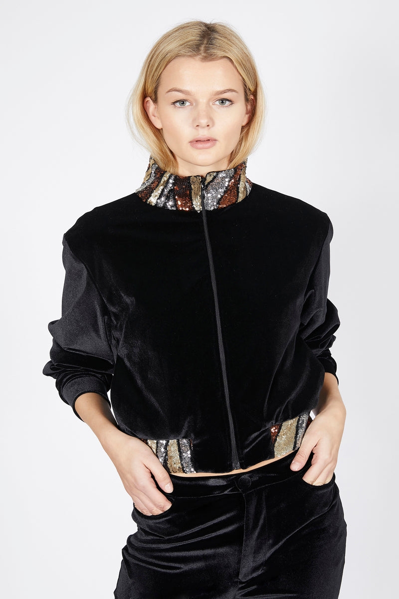 Ilona Rich Black Velvet Gold Sequin Detail Crop Jacket