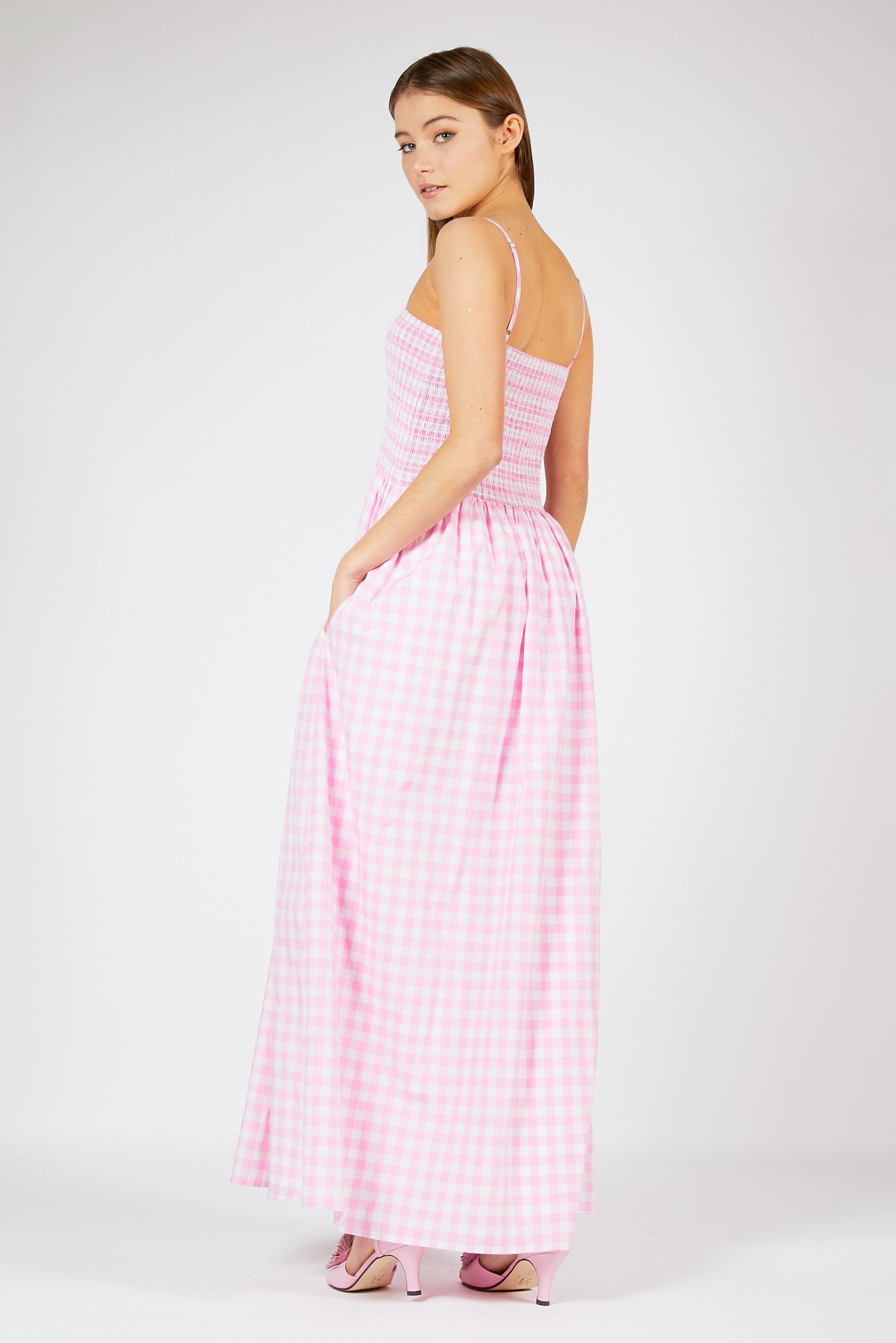 Pink gingham maxi dress deals