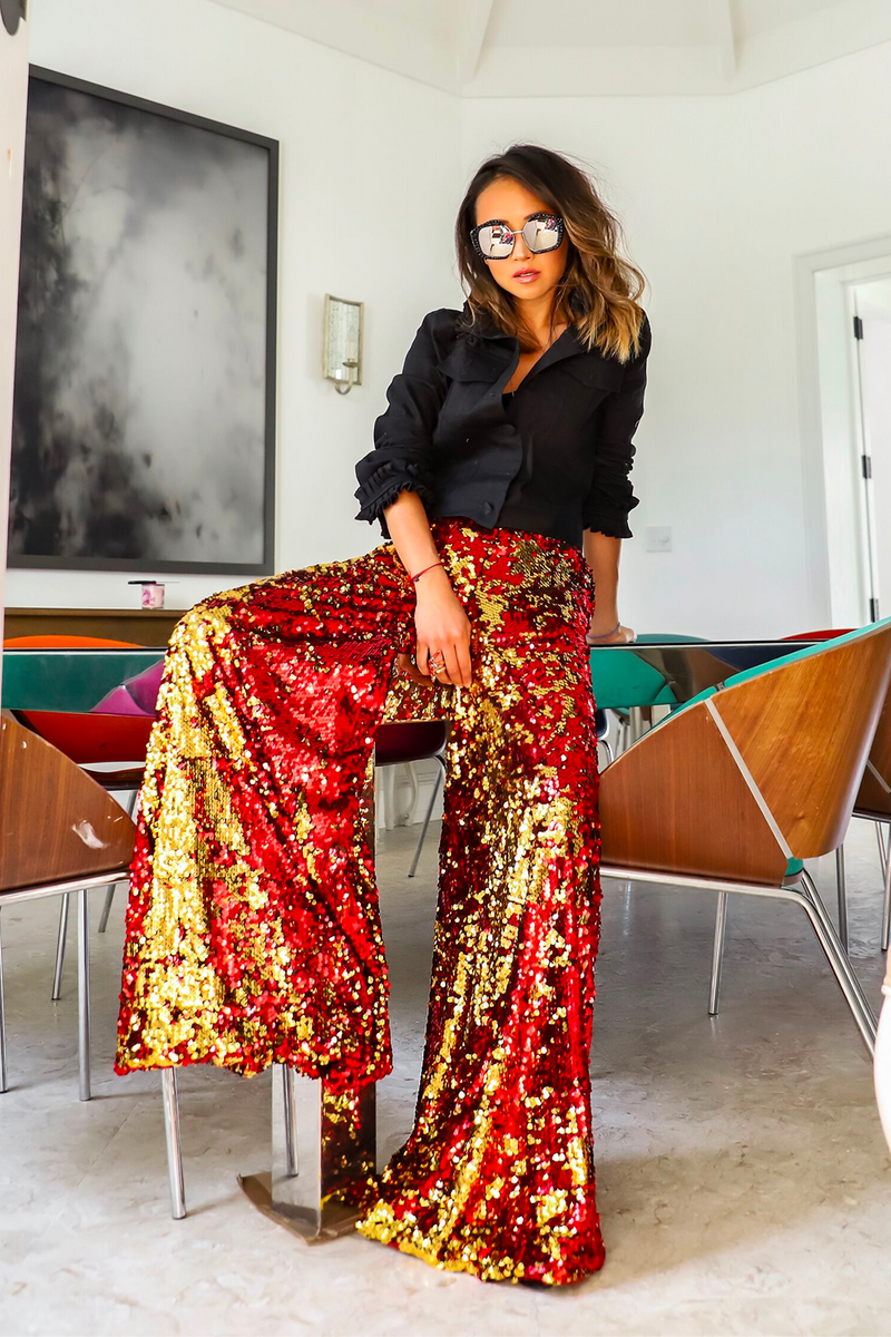 Ilona Rich Red & Gold Sequin Wide Leg Trousers – Rich Fashion