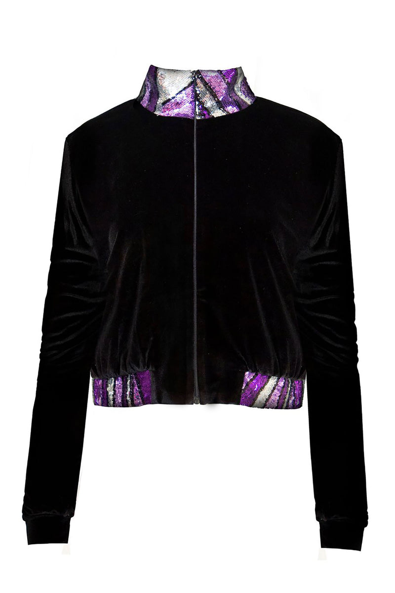 Ilona Rich Black Velvet Purple Sequin Detail Crop Jacket
