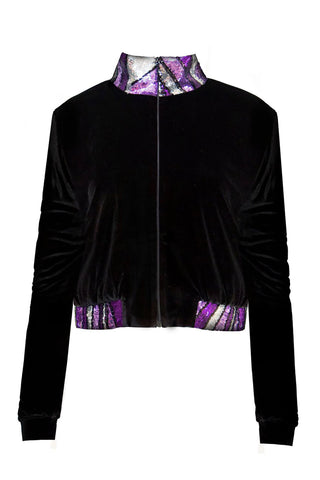 Ilona Rich Black Velvet Bronze Sequin Detail Crop Jacket