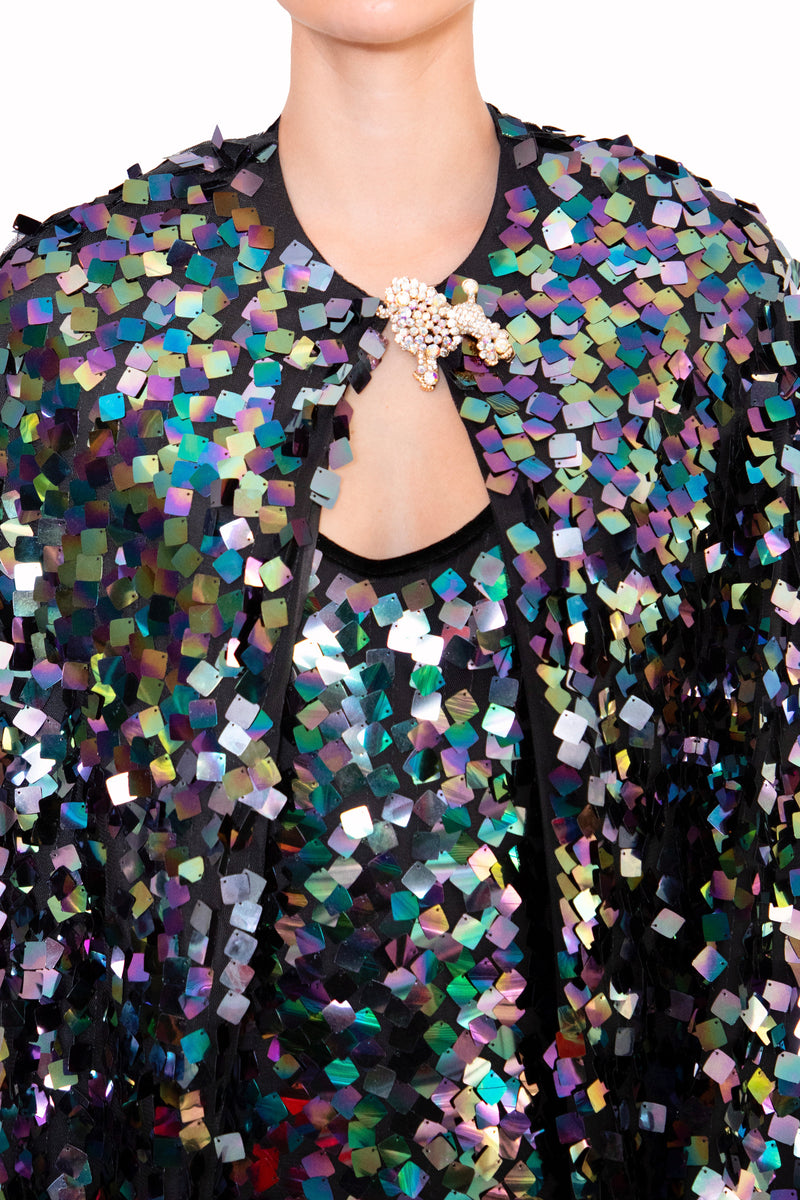 Ilona Rich Embellished Sequin Metallic Iridescent Cape