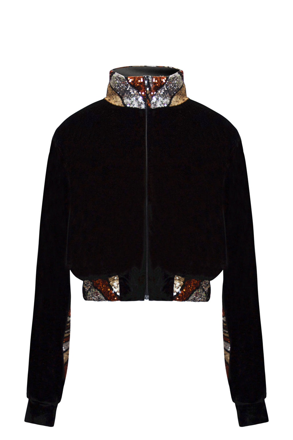 Ilona Rich Black Velvet Bronze Sequin Detail Crop Jacket