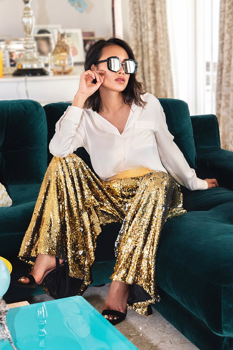Ilona Rich Gold Wide Leg Sequin Trousers – Rich Fashion