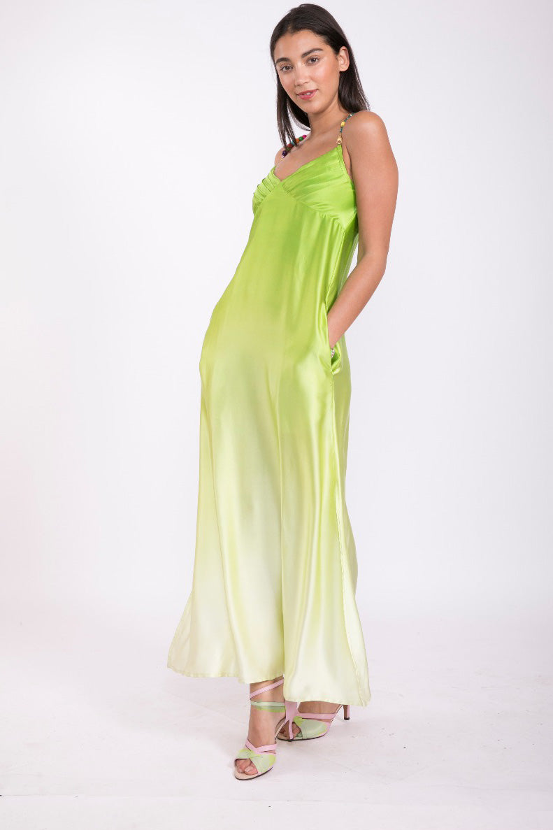 Green Flower 100% Silk Maxi Dress