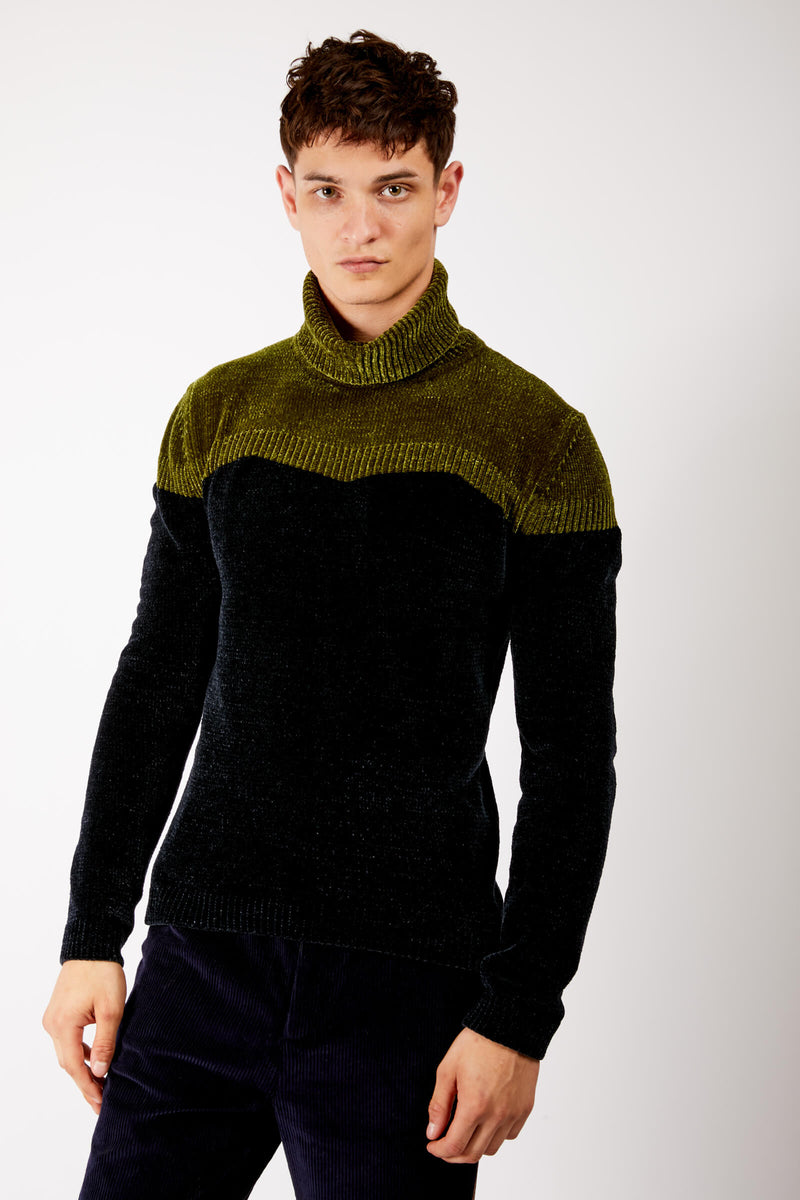 Adrian Unisex Black and Green Chenille Turtleneck Sweater