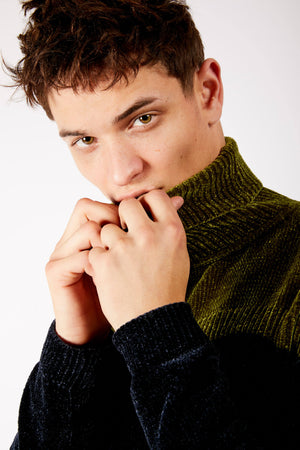 Adrian Unisex Black and Green Chenille Turtleneck Sweater