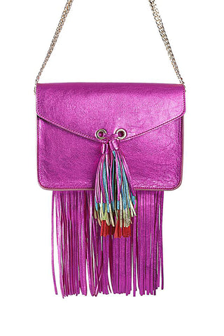 Green Metallic Leather Bag with Detachable Tassels