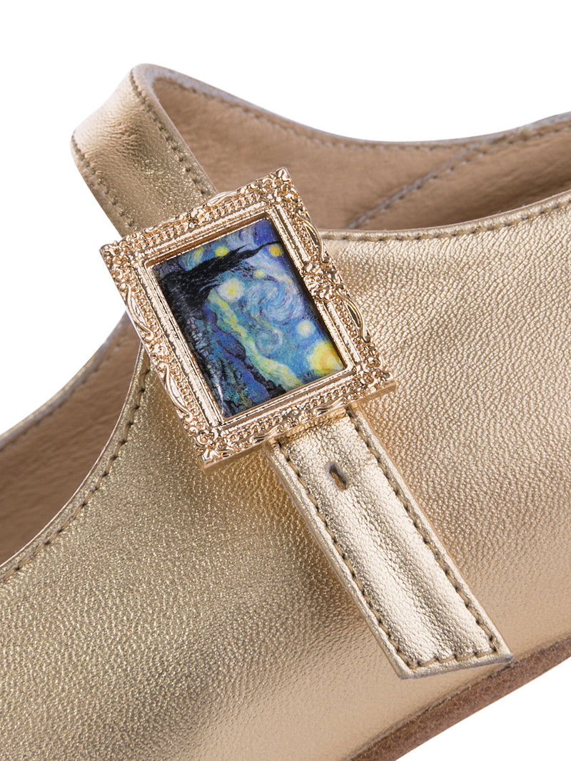 Gold Leather Flamenco Heels with Starry Night Buckle