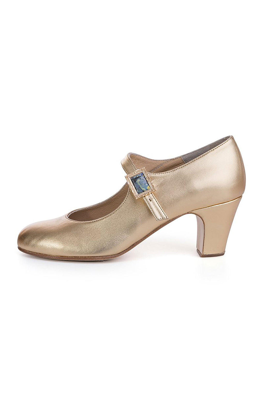 Gold Leather Flamenco Heels with Starry Night Buckle