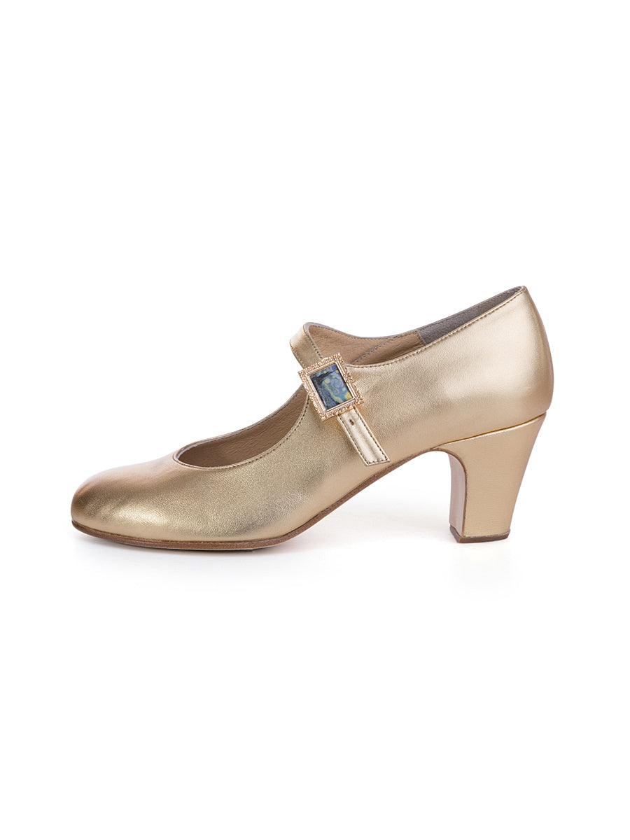 Gold Leather Flamenco Heels with Starry Night Buckle – Rich Fashion