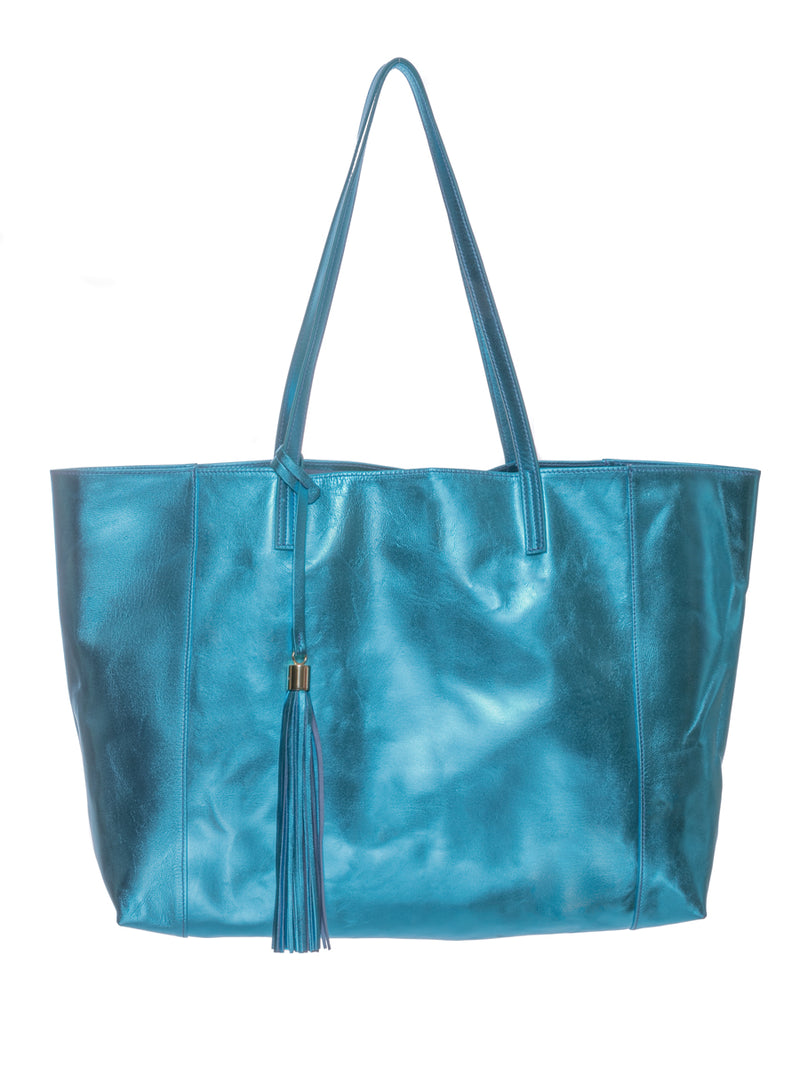 Blue Metallic 100% Leather Shoulder Bag