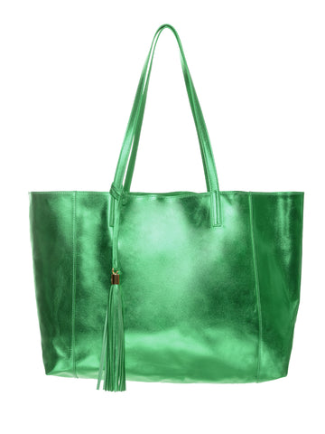 Metallic Leather Satchel Bag with Rainbow Tassel