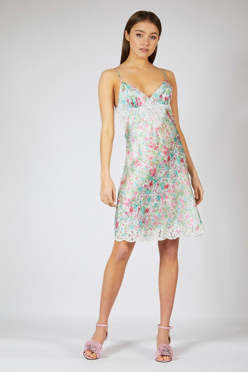 satin slip dress floral Olivia von Halle | Garbo Serafina Blue Floral Slip Dress in Silk Satin | Women