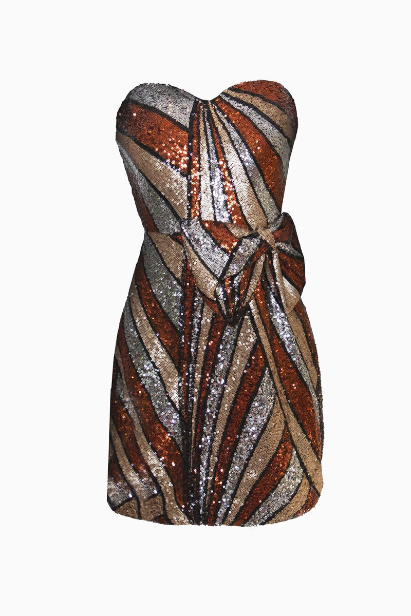 Bronze Strapless Sequin Bow Mini Dress