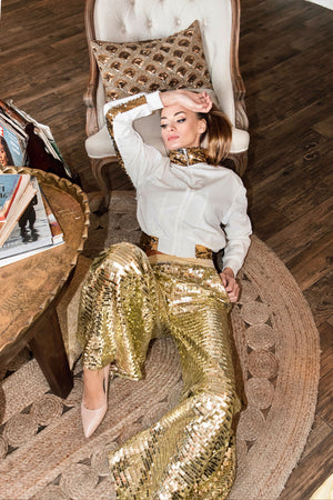 Ilona Rich Gold Squared Sequin Wide Leg Trousers