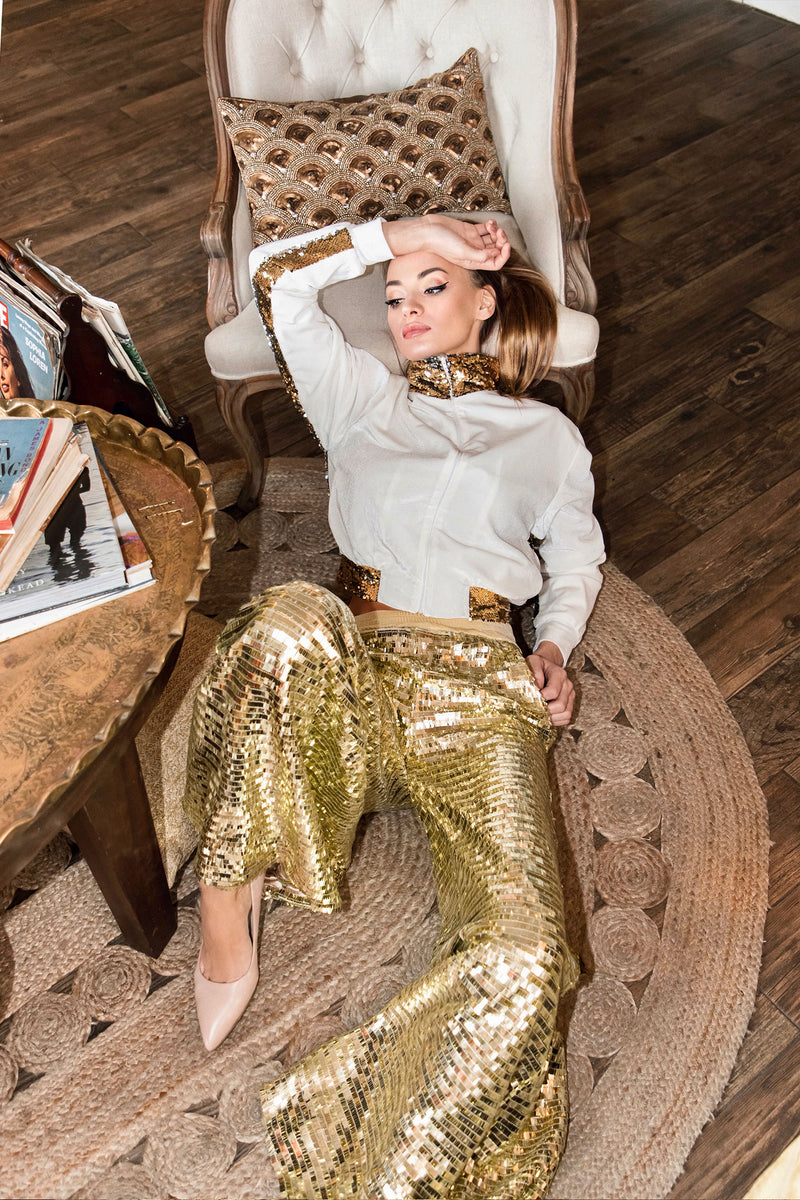 Phase Eight Karmia Sequin Flared Trousers, Gold, 8
