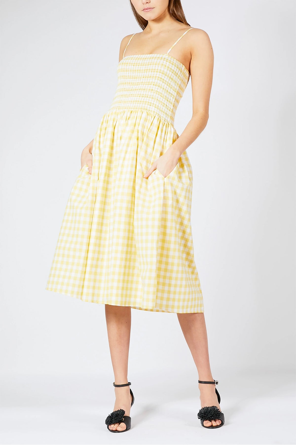 yellow gingham midi dress Rich Fashion Smocked Gingham Midi Dress